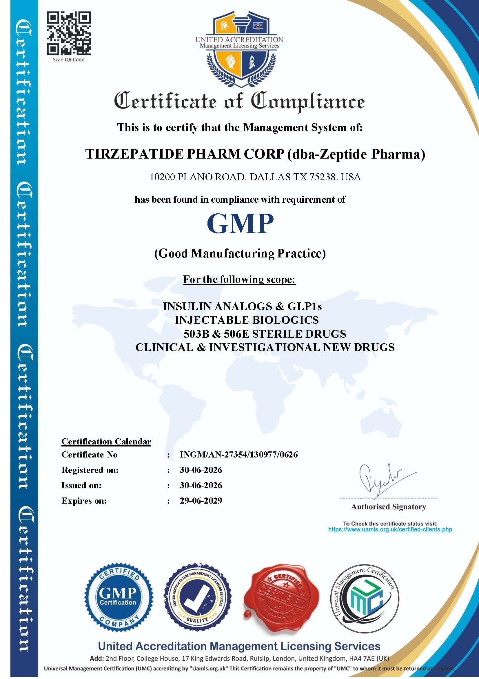 GMP Certificate of Compliance — Insulin Analogs & GLP-1s, Injectable Biologics, 503B & 506E Sterile Drugs — Tirzepatide Pharm Corp, Dallas TX