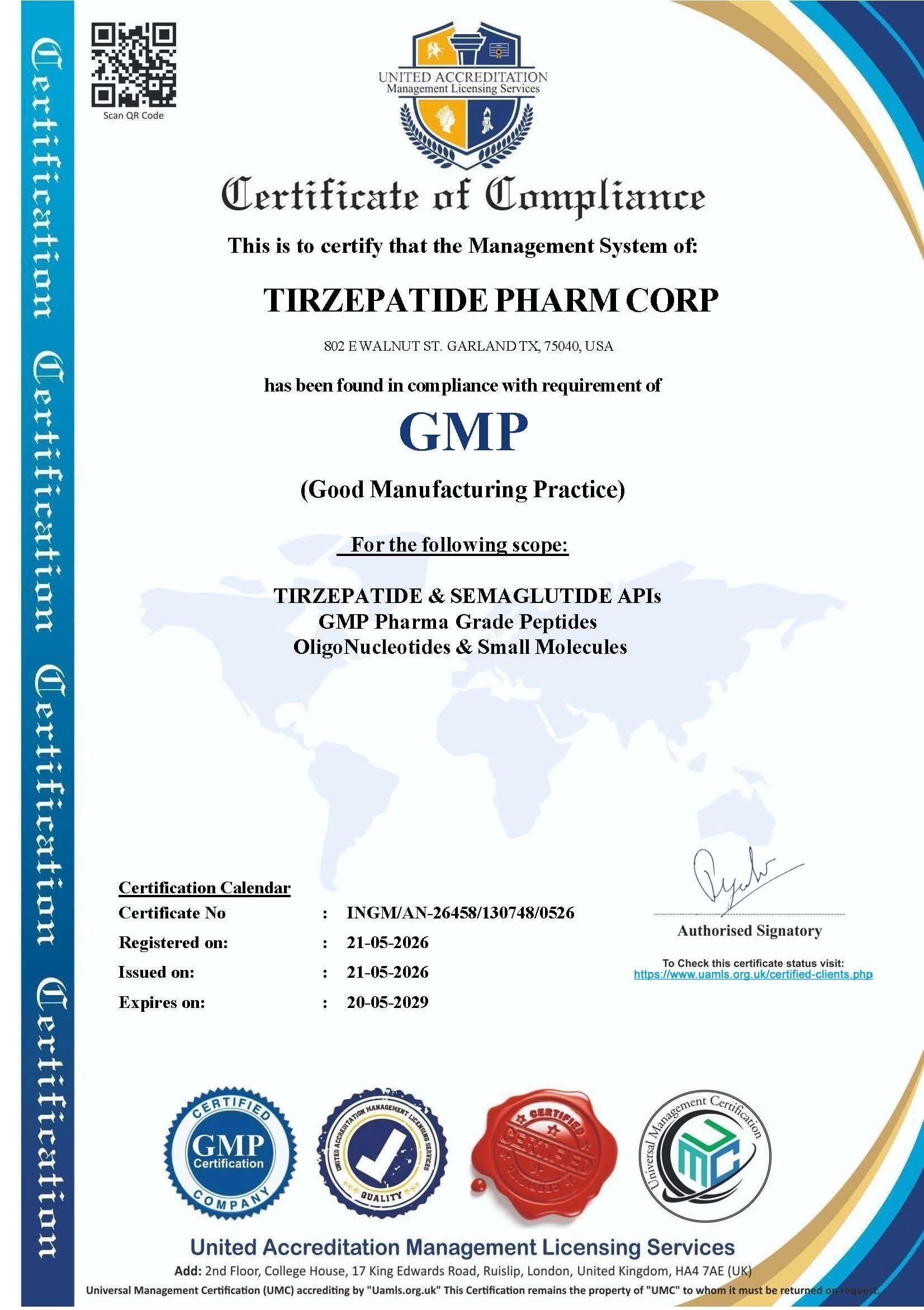 GMP Certificate of Compliance — Tirzapatide Pharm Corp